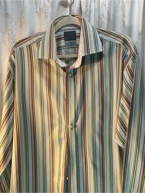 Thomas Dean Men's Green, Pink and Cream Striped Dress Shirt